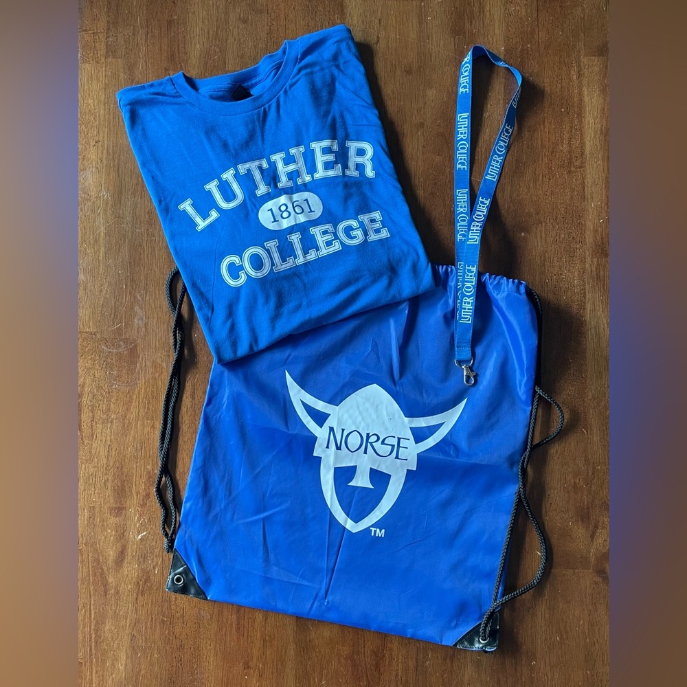 Luther College Large Blue T-Shirt with Norse Bag and Lanyard